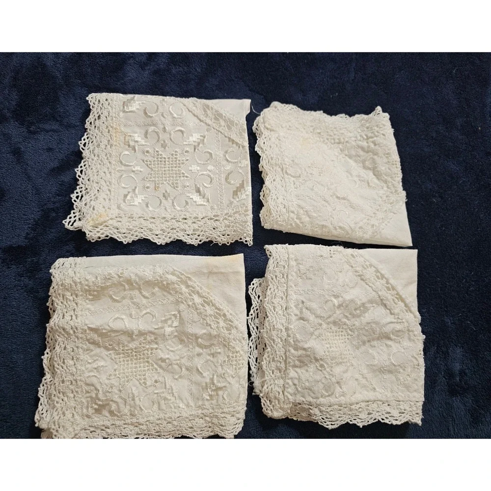 Vintage White Lace Linen Napkins Set of 4 Crochet Trim Floral Embroidery Square